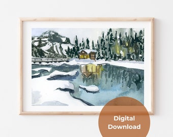 DIGITAL DOWNLOAD - Snowy Cabin on a Lake Poster - Winter Forest Wall Art, Cabin in a Forest Print, Rustic Mountain Print,