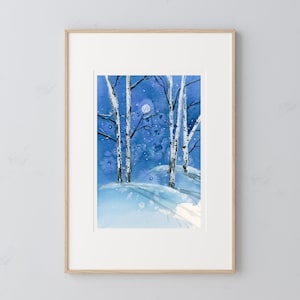 Birch Trees Art Print Winter Watercolor Forest Print Painting Forest Wall Decor Tree Nature Wall Art image 1