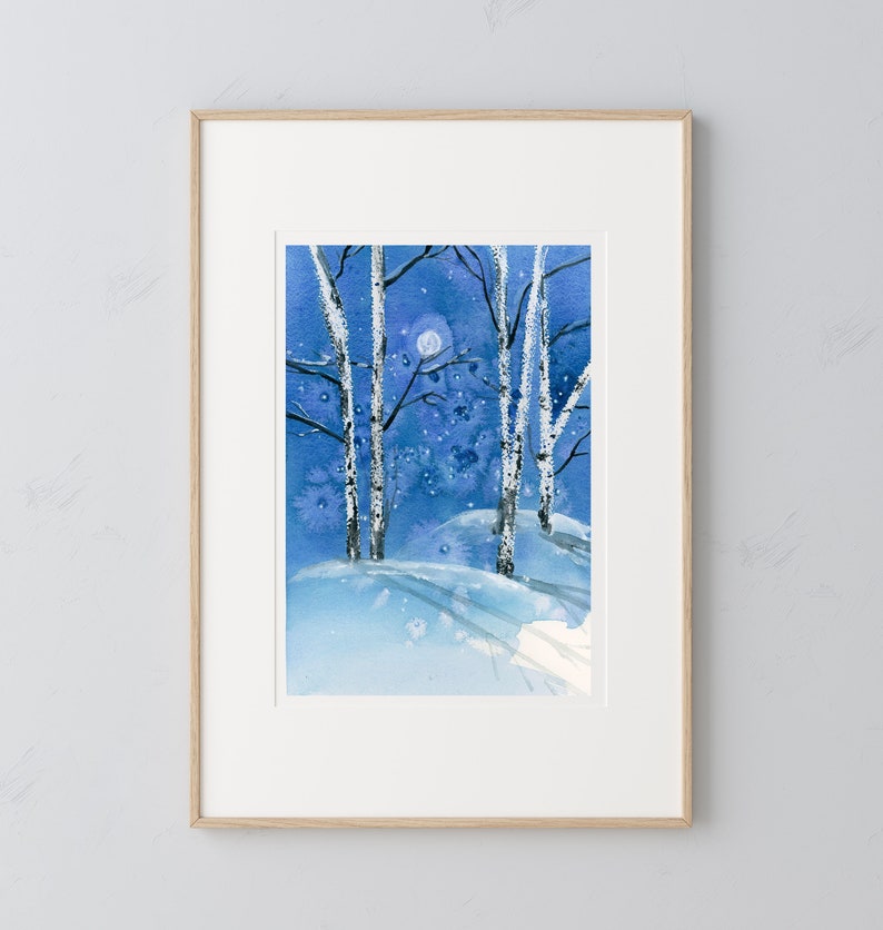 Birch Trees Art Print Winter Watercolor Forest Print Painting Forest Wall Decor Tree Nature Wall Art image 1