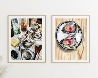 Set of 2 - Oyster Watercolor Wall Art - Oyster Shell Posters, Oyster Watercolor, Coastal Art, Kitchen Wall Art, Food Poster