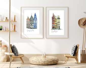 Set of 2 Amsterdam and Copenhagen Cityscape Prints, Dutch Canal, Scandinavian Buildings, Discounted Gift Set, Amsterdam Street Scene