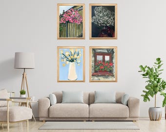 Set of 4 Botanical Cottage Prints - Floral, Baby's Breath and Plant Wall Art