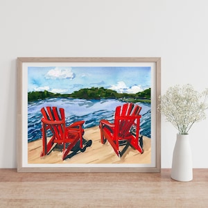 Muskoka Chair Wall Art, Adirondack chairs, Cottage Scene Illustration, Nature Watercolour Art, Canadiana Poster, Cottage Country Home Decor image 3