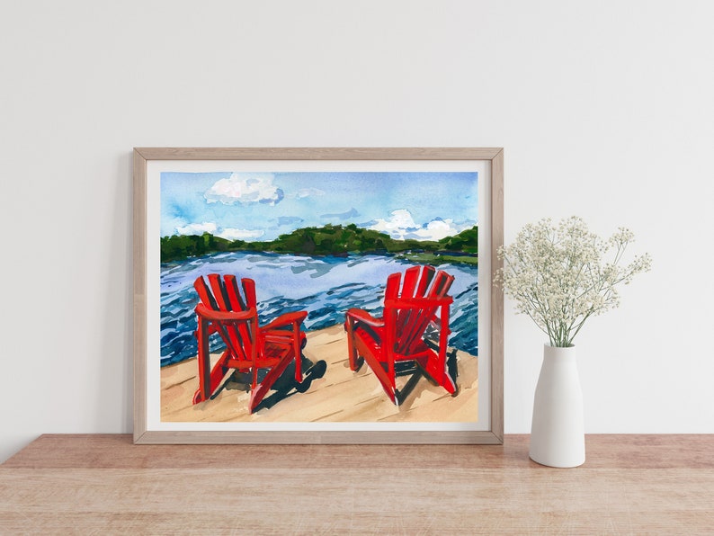 Muskoka Chair Wall Art, Adirondack chairs, Cottage Scene Illustration, Nature Watercolour Art, Canadiana Poster, Cottage Country Home Decor image 3