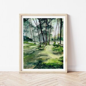May include: A watercolor painting of a forest scene with tall trees and green foliage. The painting features a light and airy feel, with soft shadows and a sense of depth.