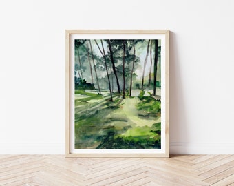 Misty Forest Watercolor Art Print | Forest Wall Decor, Tree Nature Wall Art