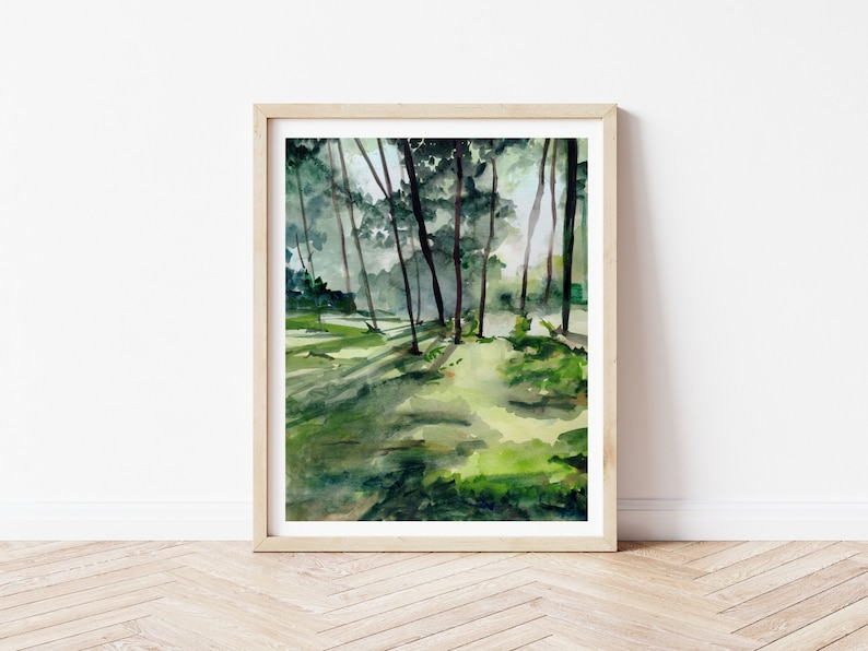 May include: A watercolor painting of a forest scene with tall trees and green foliage. The painting features a light and airy feel, with soft shadows and a sense of depth.