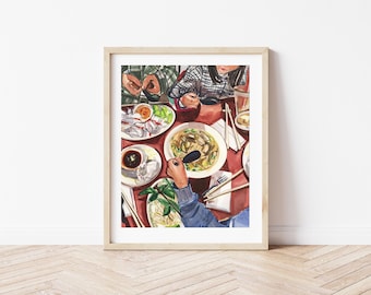 Watercolor Painting of Friends & Kids Eating Pho | Original Food Art | Family Dinner Illustration | Asian Noodle Soup Wall Art