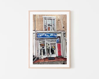 London Laundrette Print | British Coin Laundry Art | London Street Scene Illustration | UK Storefront Wall Art | London City Print