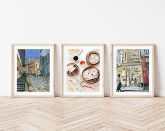 Set of 3 Hong Kong Travel Prints, Paris, Asian Chinese Poster Bundle in Watercolor Illustration, Dim Sum Gallery Set, Midlevels Cityscape