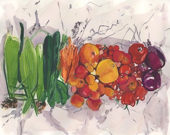 Fruit and Vegetable Still Life Print | Kitchen Wall Art | Produce Food Painting | Farmers Market Art | Colorful Kitchen Decor