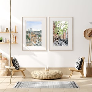 Set of 2 New York Brownstone and Brooklyn Bridge Art Prints, Brooklyn Bridge Poster, Williamsburg Landmarks Illustration, NYC Wall Set