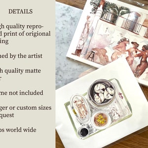 May include: Two watercolor paintings on white matte paper. The first painting depicts three women standing in front of a building with a balcony. The second painting shows a plate of dim sum with dumplings, spring rolls, and a small bowl of sauce. The text "DETAILS" is written in black on a light green background. The text below the details includes information about the artwork, such as the fact that it is a high-quality print, signed by the artist, and ships worldwide.