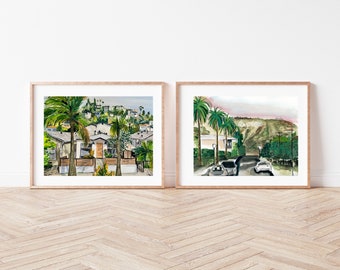 Set of 2 Los Angeles Prints, California Bungalow, Hollywood Hills Sign, California Illustration in Watercolor, Gallery Wall Set Gift Set