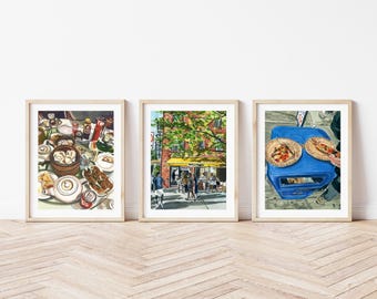 NYC Food Crawl Watercolor Prints – Pizza, Cafe, Dim Sum Gallery Wall Art