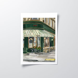 Art mural café parisien, affiche de café parisien, illustration de scène de rue parisienne, aquarelle de café, paysage urbain français, décoration d&#39;intérieur Paris