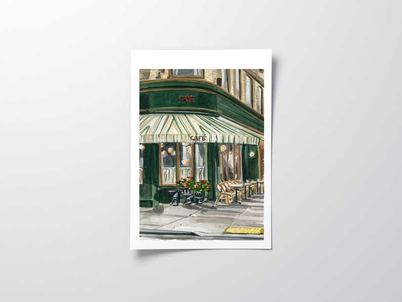 Paris Cafe Wall Art, Paris Cafe Poster, Parisian Street Scene Illustration, Cafe Watercolor, French Cityscape, Paris Home Decor image 1