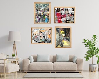 Set of 4 Korean Street Food Prints - Neon Food Market Gallery Wall Art