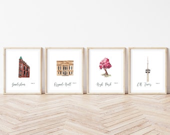 Set of 4 Toronto Travel Prints, Toronto Canada Discounted Poster Bundle in Watercolor Illustration, Gallery Wall Set, Gift