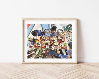 Watercolor Painting of Friends & Kids Eating Pho | Original Food Art | Family Dinner Illustration | Asian Noodle Soup Wall Art