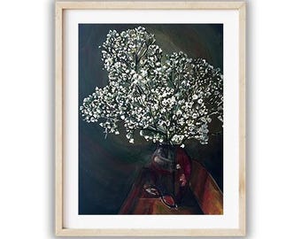 Baby's Breath Watercolor Art Print, Moody Floral Still Life, Botanical Wall Decor