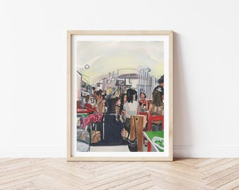 Lower East Side Cafe Watercolor Print, NYC Lunch Scene Wall Art