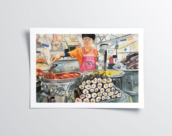 Korean Art - Korean Wall Art, Korean Market Scene, Kim Bap, Korea, Korean Art Print, Korean Painting, Korea Art, Korea Prints, Korean