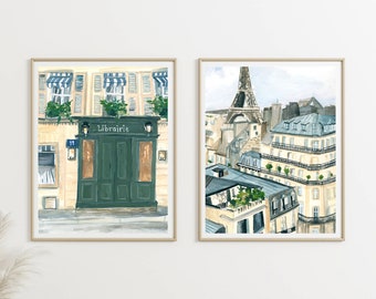 Set of 2 Paris Cityscape Prints - Parisian Buildings - French Scene Bundle Illustration in Watercolor - Eiffel Tower Wall Set - Gift Set