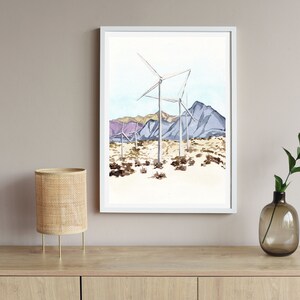 May include: A watercolor painting of wind turbines in a desert landscape with purple mountains in the background.