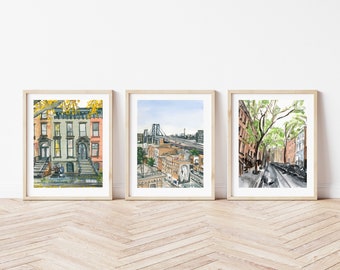 Set of 3 New York City Travel Art Prints, Brooklyn Bridge Poster, Brownstone Wall Art, American Poster Bundle in Watercolor, Gift Set