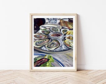 Oyster Plate Art Print | Seafood Still Life Painting | Oyster Kitchen Wall Art | Coastal Dining Art | Food Illustration Print