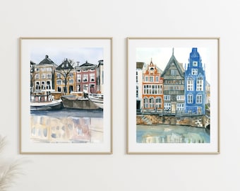 Set of 2 Amsterdam and Brugge Canal Prints, Dutch Canal, Belgian Buildings, Discounted Gift Set, Amsterdam Street Scene, Flemish Art Print