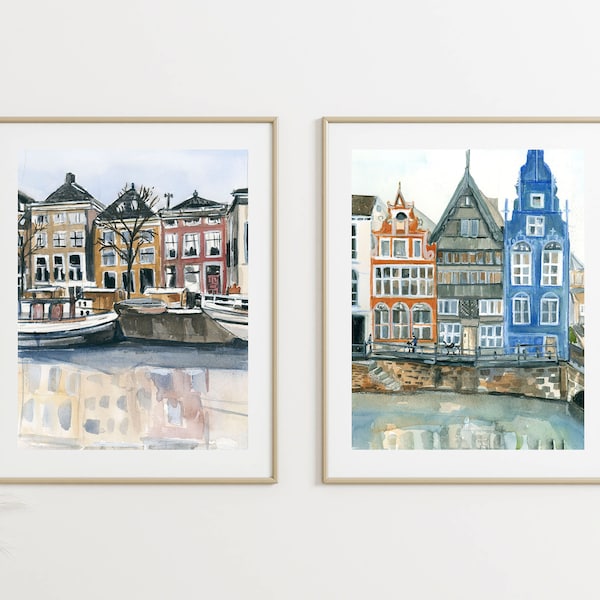 2er Set Amsterdam und Brügge Kanal Drucke, Niederländischer Kanal, belgische Gebäude, Ermäßigtes Geschenk Set, Amsterdam Straßenszene, flämische Kunstdruck