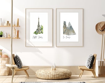 Set of 2 Paris Eiffel Tower and Louvre Cityscape Prints, Parisian Building, French Landmarks Illustration, Eiffel Tower Wall Set, Gift Set