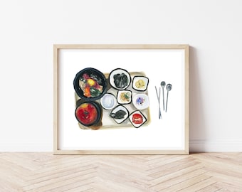 Korean Meal Art Print, Kitchen Wall Art, Fine Art Print, Hangeul Hangul Korean Street, Food Illustration, Watercolor, Asian Food Wall Decor