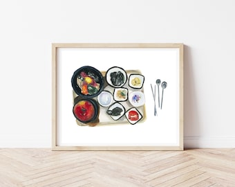 Korean Meal Watercolor Print | Asian Food Illustration, Kitchen Wall Art