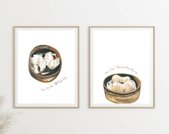 Set of 2 Hong Kong Dim Sum Prints, Shrimp Dumpling - BBQ Pork, Bundle Food Illustration in Watercolor, Asian Food Gallery Wall Set, Gift Set