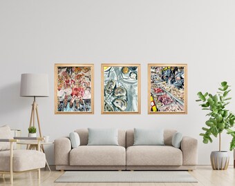 Set of 3 Seafood Market Prints - Fish, Scallop and Oyster Coastal Wall Art