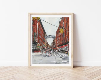 Little Italy NYC Street Scene Watercolor Art Print, New York Storefront Illustration