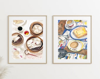 Dim Sum Art - Dim Sum, Food Art, Hong Kong Food Poster, Dim Sum Print, Dims Sum Wall Art, Cute prints Set of 2