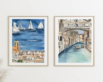 Set of 2 Saint Tropez, France and Venice Italy Cityscapes, Cote d'Azur Travel Poster, Venice Poster, Discounted Gift Set