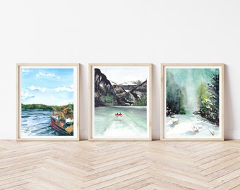 Set of 3 Outdoor Adventure Gallery, Banff and Lake Louise Red Canoe Poster, Algonquin Canoe Wall Art, Mountain Forest Print, Travel Gift Set