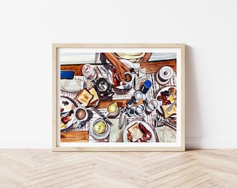 Breakfast Still Life Art Print | Blue Kitchen Wall Art | Breakfast Table Painting | Food Still Life Illustration | Dining Room Decor