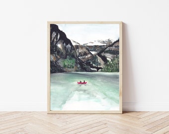 Lake Louise Art Print - Banff National Park - Canadian Travel Wall Decor - Rocky Mountains - Watercolor Painting - Red Canoe