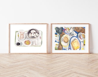 Set of 2 Hong Kong Dim Sum Prints - Noodles and Dumplings - Bundle Food Illustration in Watercolor - Asian Food Gallery Wall Set - Gift Set