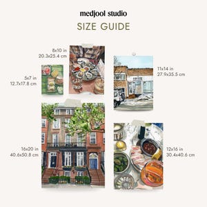 May include: A medjool studio size guide featuring five art prints with dimensions: 5x7 inches, 8x10 inches, 11x14 inches, 12x16 inches, and 16x20 inches. The prints display illustrations of oysters, a coffee shop, a brownstone building, and food.