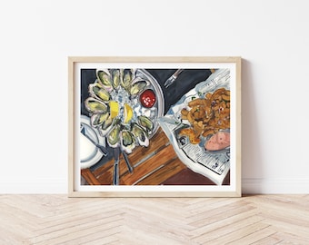 Oysters Still Life Art Print | Oyster Kitchen Wall Art | Seafood Food Painting | Dining Room Decor | Coastal Food Illustration