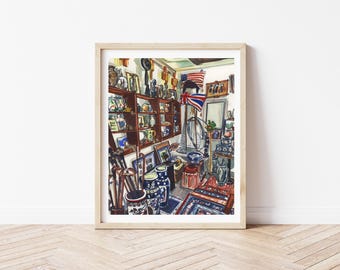 Vintage Shop Still Life Print | Curio Shelf Art | Antique Trinkets Illustration | Vintage Market Wall Art | Flea Market Art Print