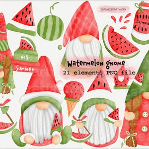Letni arbuzowy skrzat akwarelowy clipart, letni krasnal z kreskówek, letnie świeże owoce clipart.