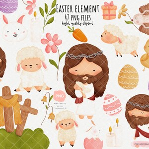 May include: A set of 47 Easter-themed digital clipart images. The images include a lamb, a dove, a chick, a cross, a basket of eggs, a candle, flowers, and Jesus holding a lamb. The images are in a watercolor style and are perfect for creating Easter cards, invitations, and other crafts.